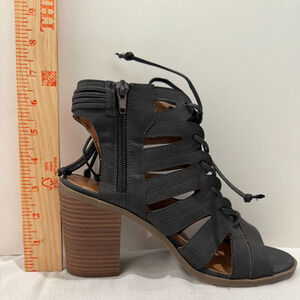 FARYL By Faryl Robin BUCKLE Black Sandals Heels Caged Lace Up Sz 8 Vegan Suede